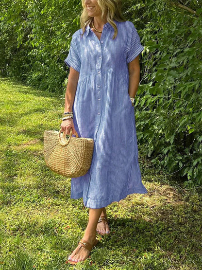 🔥LAST DAY SALE 50% OFF🔥 Striped Lapel Button Down Shirt Dress | With Functional Pockets