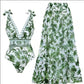 💥 Special Sale 49% OFF💥 V Neck Lace Up Printed One Piece Swimsuit and Skirt