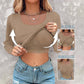 📢60%  OFF !! ⏰🍂Womens U-Neck Built-in Bra Long Sleeve Ribbed Top Shirts Elegant Skinny Fit Fabric