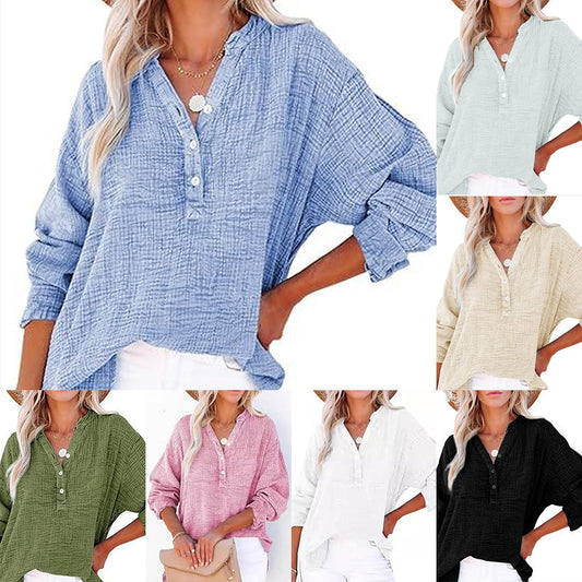 🏆🏆🔥Hot Sale 50%🔥Buy 2 get save 5%🌸🌸Women’s Casual Gauze Button Neck Long Sleeve Blouse