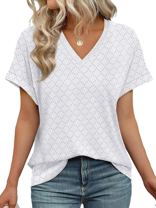 💖Buy 2 get 5% off🌷Summer Hot Sale 50% Off💕2025 Women's V Neck Eyelet Dressy Casual Basic Short Sleeve Tees