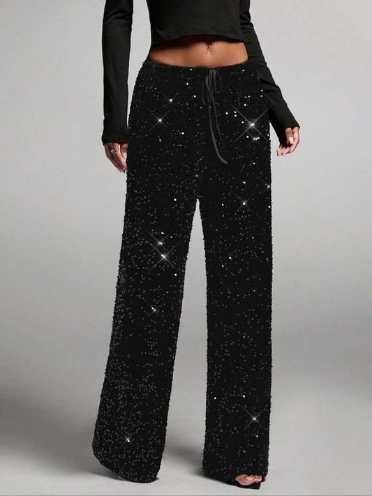 💖HOT SALE 50% OFF🥰Women's Sequin Sparkle Wide Leg Pants with Elastic Waistband2