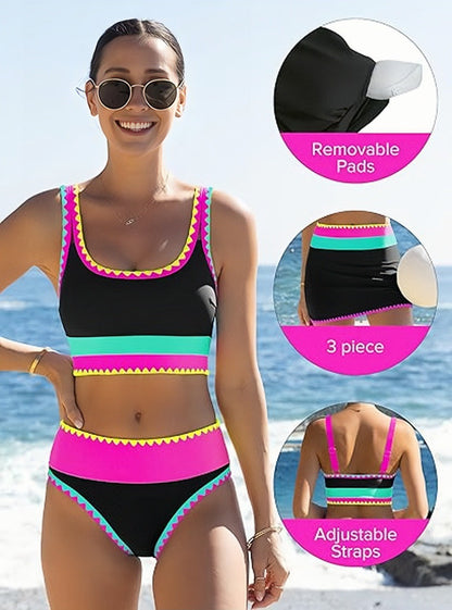 🎁New Arrival 50% OFF💥Color Block Patchwork Nylon Sporty 3-Piece Bikini Set - High Waisted & Tummy Control Swimsuit👙🌈