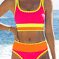 🎁New Arrival 50% OFF💥Color Block Patchwork Nylon Sporty 3-Piece Bikini Set - High Waisted & Tummy Control Swimsuit👙🌈