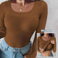 📢60%  OFF !! ⏰🍂Womens U-Neck Built-in Bra Long Sleeve Ribbed Top Shirts Elegant Skinny Fit Fabric