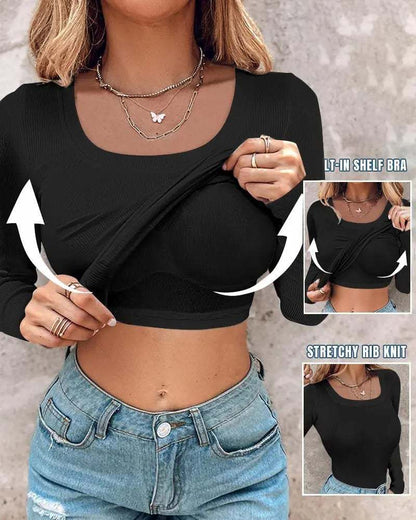 📢60%  OFF !! ⏰🍂Womens U-Neck Built-in Bra Long Sleeve Ribbed Top Shirts Elegant Skinny Fit Fabric
