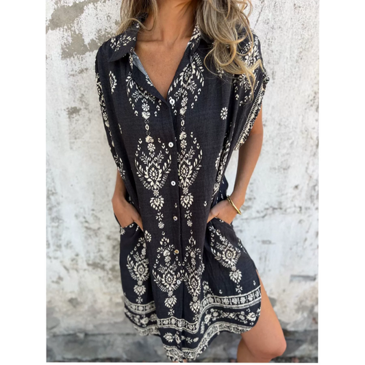 💕New Arrival Hot Sale 50% OFF👗Loose-Fit Printed Short Sleeve Dress with Pockets