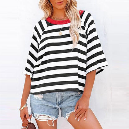 🎉Limited Sale 50% OFF🔥Buy 2 get 5% off 🎉Women's Round Neck Striped Short Sleeve Casual Top