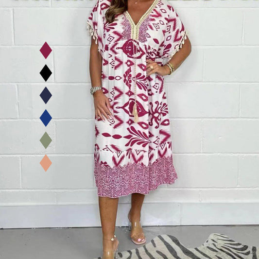 🌺Summer Hot Sale 50% OFF🔥Buy 2 save 5% off 💐Printed Casual Dress With V-Neckline and Fringes on the Short Sleeves