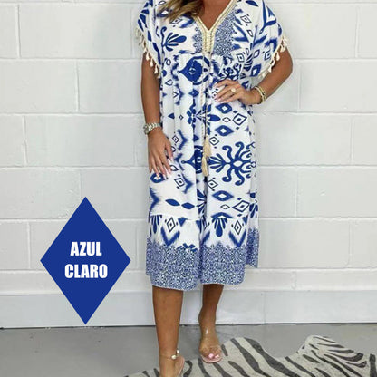 🌺Summer Hot Sale 50% OFF🔥Buy 2 save 5% off 💐Printed Casual Dress With V-Neckline and Fringes on the Short Sleeves