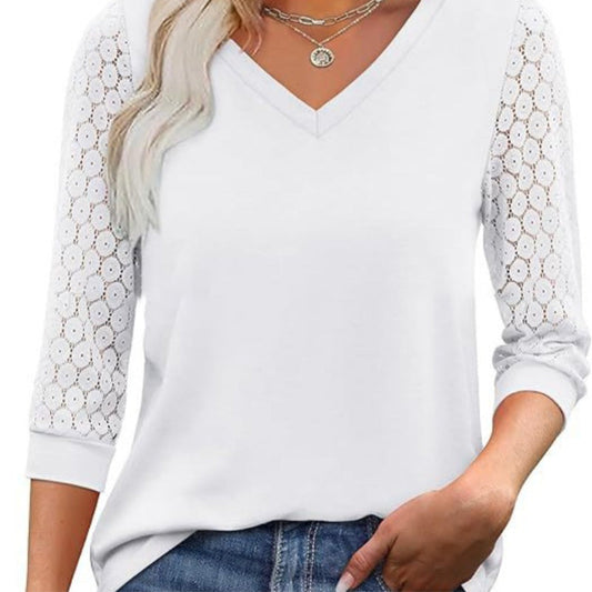 🔥Last Day 50% Off🔥Women's Casual V-Neck Lace 3/4 Length Sleeve Top