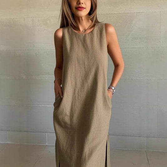 ⏰Last Day Hot Sale 50%!!🎁Buy 2 get 5% off & Free shipping✨Cotton Linen Sleeveless Slit Solid Color Dress