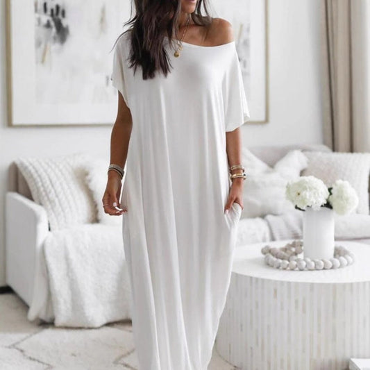 🔥 FLASH SALE! 50% OFF 🔥Women's Summer Casual Loose Solid Color Short-Sleeve Long Dress