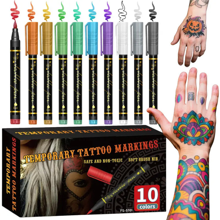 🎁🔥Last day sale 50% OFF🔥Cosmetic Grade Temporary Tattoo Markers for Skin, 10/15 Vibrant Colors Flexible Brush Tip Pens,, High Detail, Face Makeup Halloween, None Toxic, Office Stationery Writing Tool 6